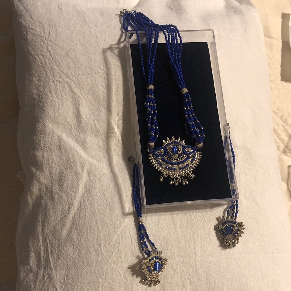 Blue Beaded Eye Pendant Necklace Set - Women Jewelry